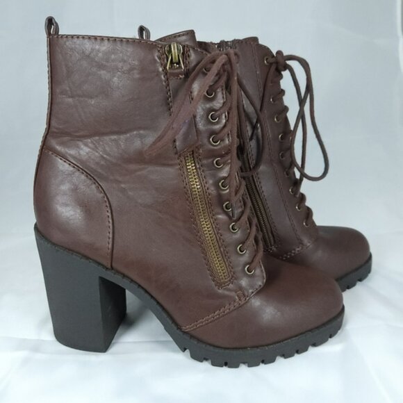 Soda Ankle Boots 9 Brown Lace-Up Chunky Heel Booties - Picture 4 of 9